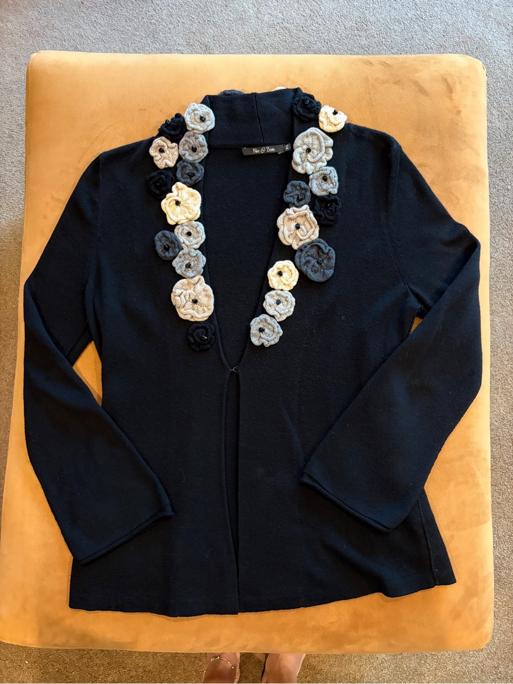 NIC+ZOE Black Open Cardigan with Cream and Gray Floral Trim
